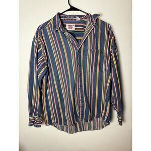 IOU Retro Western Jeans Denim Striped Long Sleeve Button Up Shirt Men Size M
